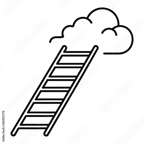 Simple line art of a ladder ascending towards a cloud in the sky