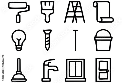 Set of home repair and DIY icons in simple bold-line style: paint roller, brush, ladder, wallpaper, light bulb, screw, nail, bucket, plunger, faucet, window, door.
