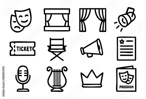 Set of theater and drama icons in simple bold-line style: masks, stage, spotlight, ticket, director chair, megaphone, script, microphone, crown, playbill, lighting.