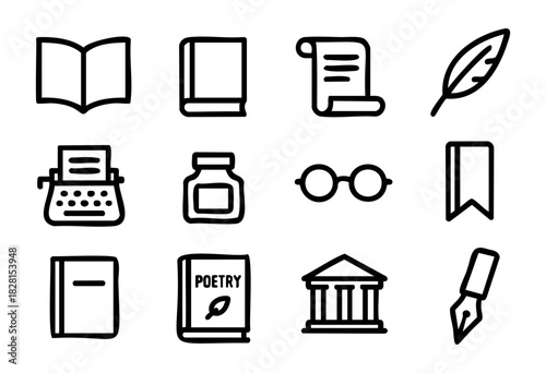 Set of literature and writing icons in simple bold-line style: open book, closed book, scroll, quill, typewriter, ink bottle, glasses, bookmark, poetry book, library, fountain pen.