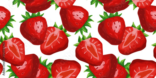 seamless pattern realistic juicy strawberries whole and halved leaves summer fruit repeating texture white background fabric print packaging