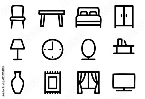 Set of home furniture icons in simple bold-line style: chair, table, bed, wardrobe, lamp, clock, mirror, desk, vase, rug, curtain, TV.