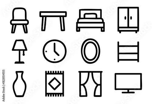 Set of home furniture icons in simple bold-line style: chair, table, bed, wardrobe, lamp, clock, mirror, desk, vase, rug, curtain, TV.