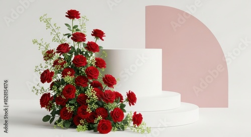 Red roses and white podium on a light background