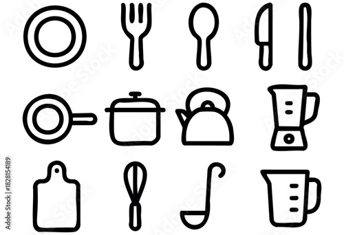 Set of kitchenware icons in simple bold-line style: plate, fork, spoon, knife, frying pan, pot, kettle, blender, cutting board, whisk, ladle, measuring cup.