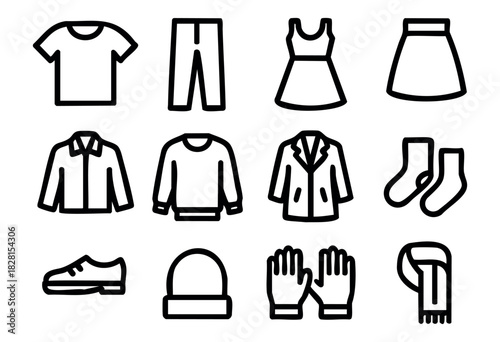 Set of clothing icons in simple bold-line style: t-shirt, pants, dress, skirt, shirt, sweater, jacket, socks, shoes, hat, gloves, scarf.