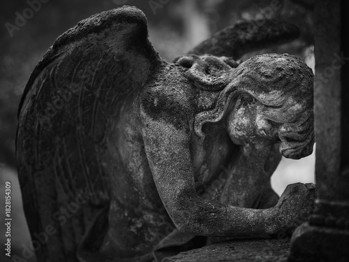 Photography Weathered stone angel in a mourning pose at Goat Gate Cemetery in Bratislava, photographed in black and white