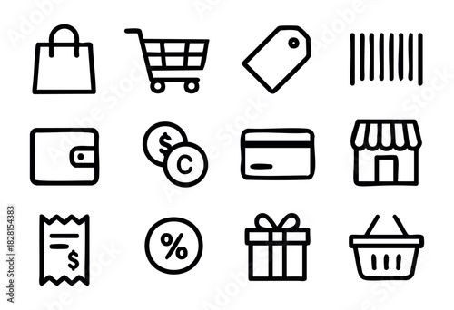 Set of shopping essentials icons in simple bold-line style: shopping bag, cart, tag, barcode, wallet, coins, credit card, store, receipt, discount, gift box, basket.