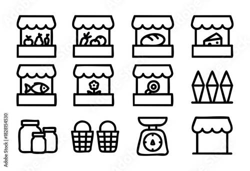 Set of market stall icons in simple bold-line style: fruit stand, vegetable stand, bakery, cheese stand, fish stall, flower stall, candy stall, grain sack, jars, baskets, scale, empty stall.