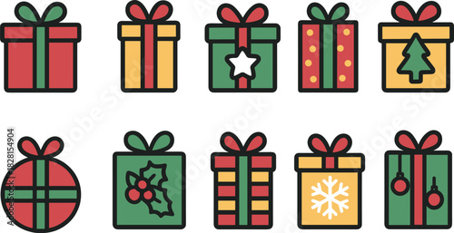 Christmas gift boxes icons set. Holiday presents, decorations, festive wrapped gifts. Colorful vector illustrations
