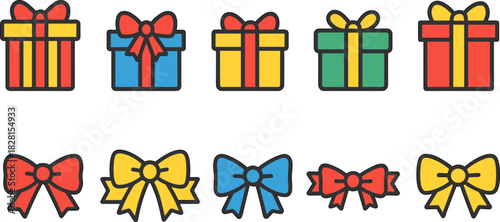 Christmas gift boxes icons set. Holiday presents, decorations, festive wrapped gifts. Colorful vector illustrations