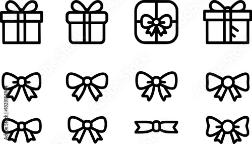 Christmas gift boxes icons set. Holiday presents, decorations, festive wrapped gifts. Colorful vector illustrations