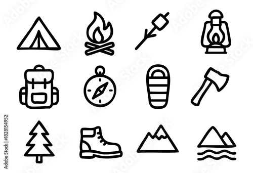 Set of camping icons in simple bold-line style: tent, campfire, marshmallow stick, lantern, backpack, compass, sleeping bag, axe, tree, boots, mountains, river.