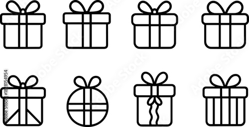 Christmas gift boxes icons set. Holiday presents, decorations, festive wrapped gifts. Colorful vector illustrations
