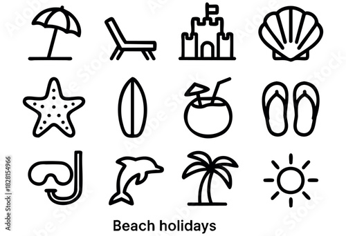 Set of beach icons in simple bold-line style: umbrella, sunbed, sandcastle, shell, starfish, surfboard, coconut drink, flip-flops, snorkel, dolphin, palm tree, sun.