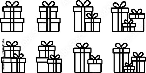 Christmas gift boxes icons set. Holiday presents, decorations, festive wrapped gifts. Colorful vector illustrations