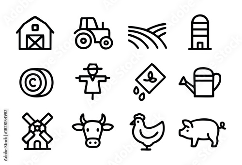 Set of farming life icons in simple bold-line style: barn, tractor, field, silo, hay bale, scarecrow, seeds, watering can, windmill, cow, chicken, pig.