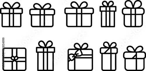 Christmas gift boxes icons set. Holiday presents, decorations, festive wrapped gifts. Colorful vector illustrations