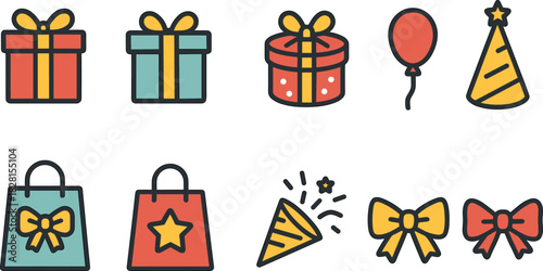 Christmas gift boxes icons set. Holiday presents, decorations, festive wrapped gifts. Colorful vector illustrations