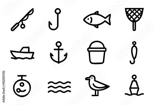 Set of fishing icons in simple bold-line style: fishing rod, hook, fish, net, boat, anchor, bucket, lure, reel, waves, seagull, buoy.