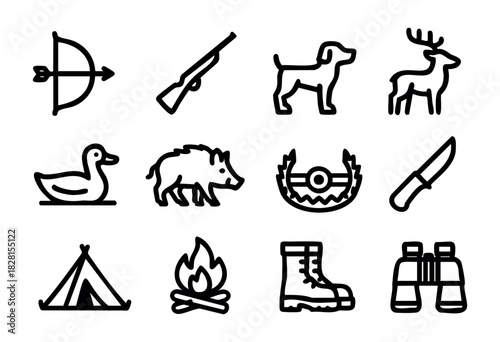Set of hunting icons in simple bold-line style: bow, rifle, dog, deer, duck, boar, trap, knife, tent, campfire, boots, binoculars