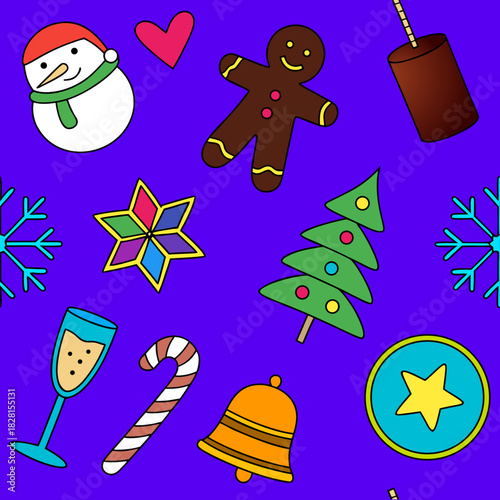 Seamless pattern, New Year, vector, Christmas, festive, snowman, candy cane, champagne, snowflake, stollen, strudel, cupcake, cake, biscuit, caramel, chocolate, wine, liqueur, star, Christmas tree