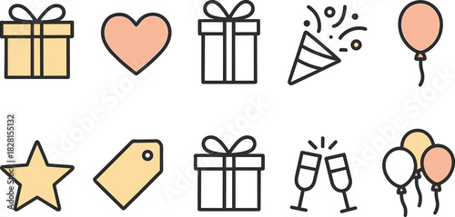 Christmas gift boxes icons set. Holiday presents, decorations, festive wrapped gifts. Colorful vector illustrations