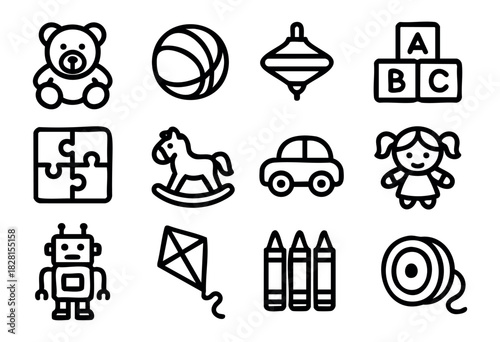 Set of toy icons in simple bold-line style: teddy bear, ball, spinning top, blocks, puzzle, rocking horse, toy car, doll, robot, kite, crayons, yo-yo.