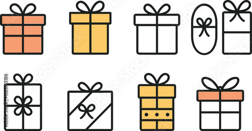 Christmas gift boxes icons set. Holiday presents, decorations, festive wrapped gifts. Colorful vector illustrations
