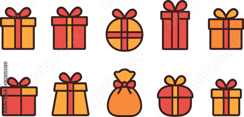 Christmas gift boxes icons set. Holiday presents, decorations, festive wrapped gifts. Colorful vector illustrations