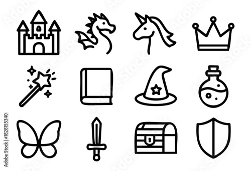Set of fairytale icons in simple bold-line style: castle, dragon, unicorn, crown, magic wand, spell book, wizard hat, potion, butterfly, sword, treasure chest, shield.