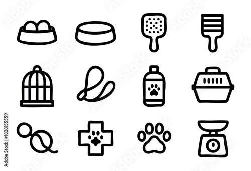 Set of pet care icons in simple bold-line style: food bowl, water dish, brush, comb, cage, leash, shampoo bottle, carrier, ball, medical cross, paw print, scale.