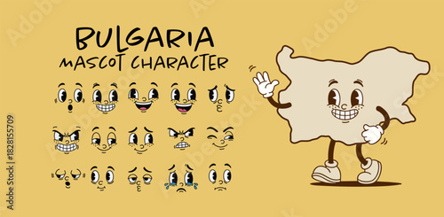 Vintage Bulgaria country map mascot character with cartoon facial expression set