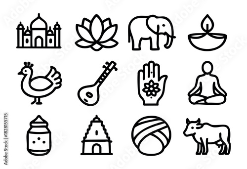 Set of Indian culture icons in simple bold-line style: Taj Mahal, lotus, elephant, diya lamp, peacock, sitar, hamsa hand, yoga pose, temple, turban, cow, spice jar