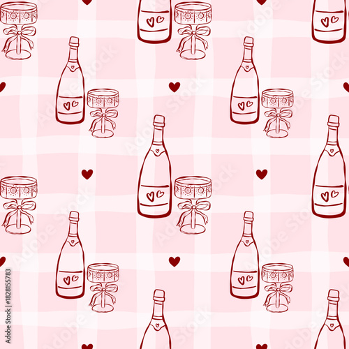 Seamless pattern with champagne festive bottle, glass and bow details, cute heart doodles and whimsical outline accents for romantic valentine celebration and wedding packaging