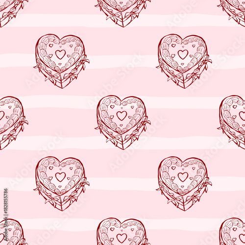 Valentine doodle cake with whimsical seamless pattern party heart motifs for celebrations. Ideal for wedding or engagement cards and romantic decor
