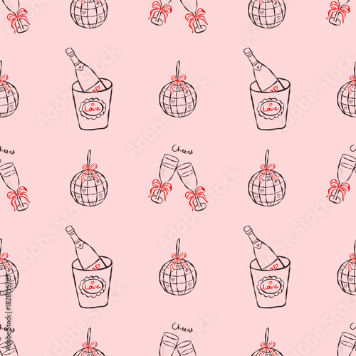Disco ball and Champagne bottle seamless pattern featuring whimsical doodle lines for party, birthday, wedding and bachelorette decoration, packaging and vector design projects