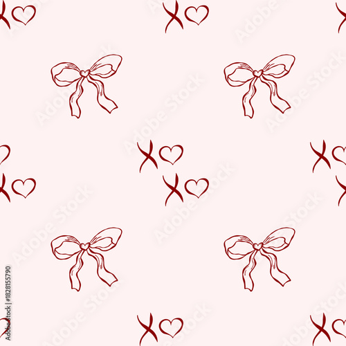 Seamless bow, ribbon and xoxo pattern with hand-drawn outline elements for valentine, birthday and wedding design, packaging, fabric and wallpaper use