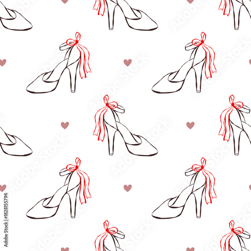 Wedding seamless pattern with bridal high heels, bows and small hearts. Ideal for bachelorette, wedding and valentine party design, wrapping, stationery and festive backgrounds