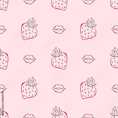 Cute whimsical seamless pattern with strawberries and lips. Perfect for Valentine designs, sweet packaging, girly stationery and romantic aesthetic prints