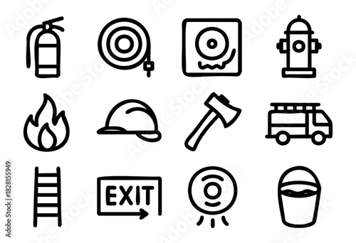 Set of fire safety icons in simple bold-line style: fire extinguisher, hose, alarm, hydrant, flame, helmet, axe, fire truck, ladder, exit sign, bell, water bucket.