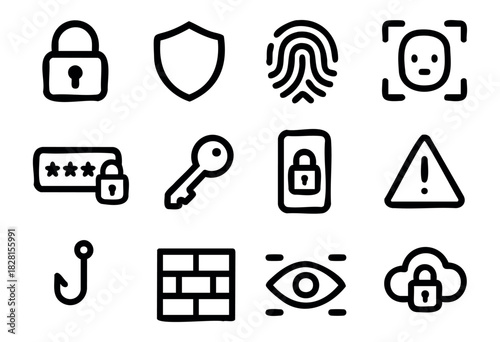 Set of digital safety icons in minimal bold-line style: padlock, shield, fingerprint, face ID, password lock, key, mobile security, warning, phishing hook, firewall, eye scan, cloud lock.