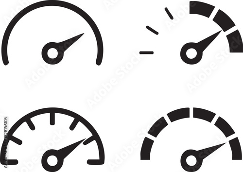 Speedometer black icons set. Speed indicators with arrows. Fast speed. Internet speed, gauge, dashboard, indicator, tachometer, scale. Credit score indicator. Risk levels meter icon