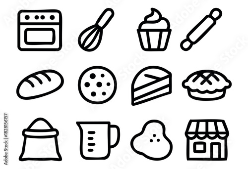 Set of baking essentials icons in simple bold-line style: oven, whisk, cupcake, rolling pin, bread, cookie, cake, pie, flour bag, measuring cup, dough, bakery shop.