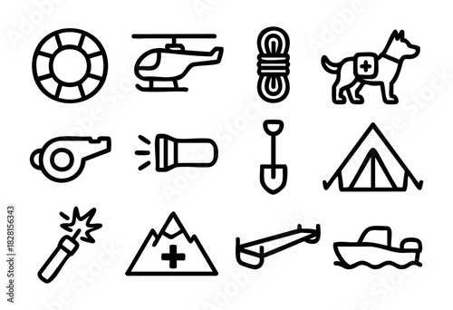 Set of rescue operation icons in minimal line style: lifebuoy, helicopter, rope, rescue dog, whistle, flashlight, shovel, tent, flare, mountain rescue, stretcher, boat.