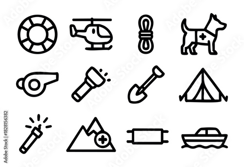 Set of rescue operation icons in minimal line style: lifebuoy, helicopter, rope, rescue dog, whistle, flashlight, shovel, tent, flare, mountain rescue, stretcher, boat.