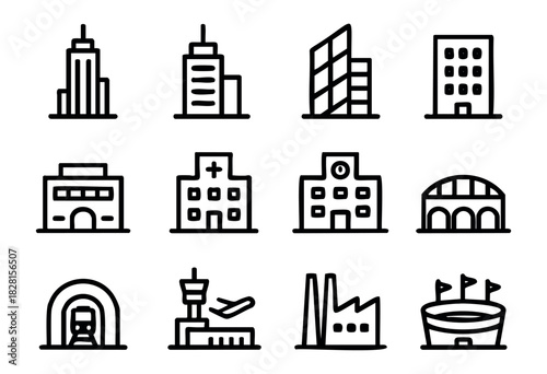 Set of modern building icons in clean bold-line style: skyscrapers, office buildings, hospital, school, stadium, airport, factory, station, hangar.