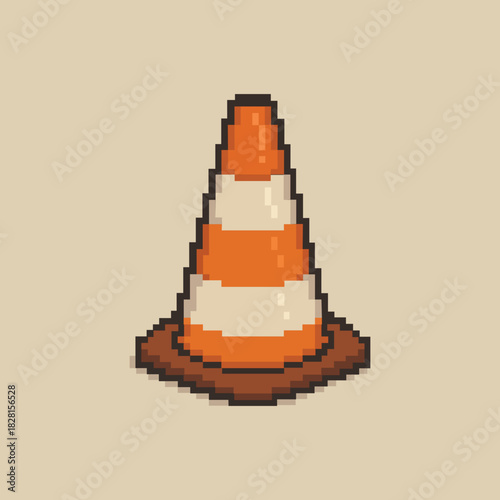 Traffic cone icon in pixel art style. Vector illustration. 8 bit logo for game