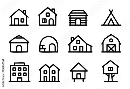 Set of minimalist house icons in bold-line style: single house, double house, cabin, tipi, yurt, igloo, barn, apartment, treehouse