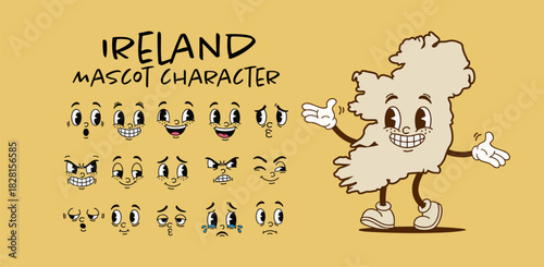 Vintage Ireland country map mascot character with cartoon facial expression set